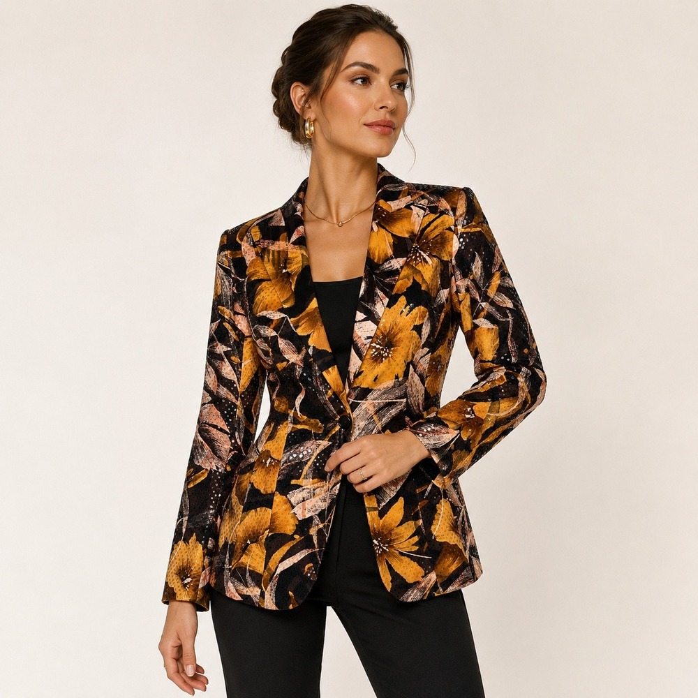 Cache Vintage Tropical Floral Sequin Blazer Fitted Gold Black USA Made Y2K Glam